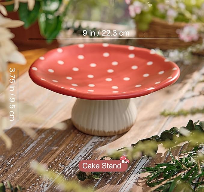 Mushroom Cake Stand, 9 in Polka Dot Safety Ceramic Display Plate Serving Tray, Cute Dinner Plates, Pasta & More.
