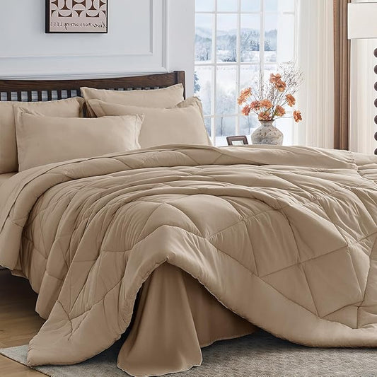 HEVUMYI Khaki Twin-XL Comforter Set - 5-Piece All Season Bed in a Bag Twin-XL, Ultra Soft Bedding Set with Comforter, Flat Sheet, Fitted Sheet, Pillowcases, Pillow Shams