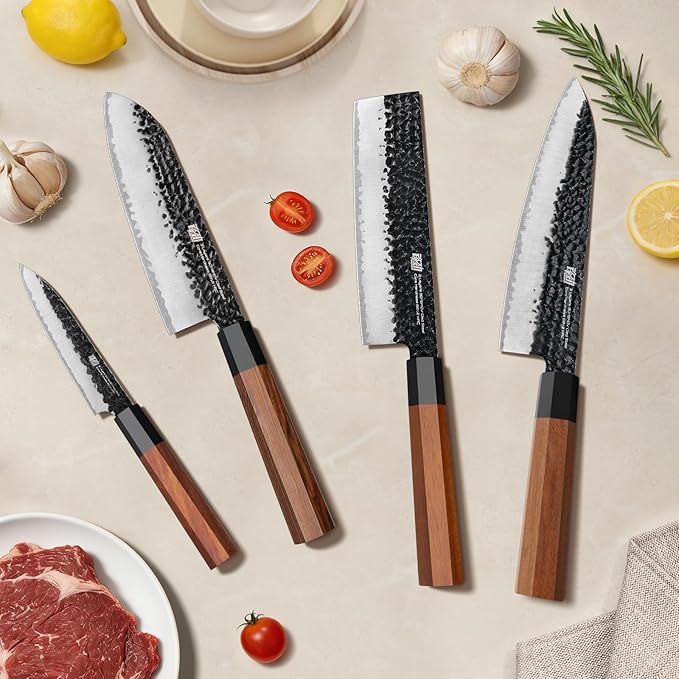 FINDKING Dynasty Series 4PCS Kitchen Knife Set, Professional Japanese Chef Knife Set, 9Cr18MoV High Carbon Steel Blade, African Rosewood Octagonal Handle, for Meat, Fruits, Vegetables
