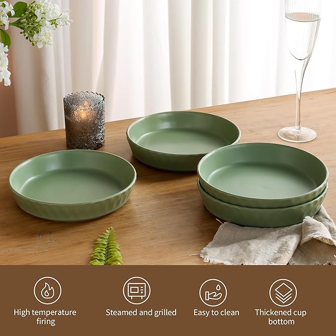 Dinner Plates Set of 4, 8 Inch Ceramic Salad Plates With High Rim for Pasta, Salad, Steak and Main Course, Microwave, Oven and Dishwasher Safe - Green