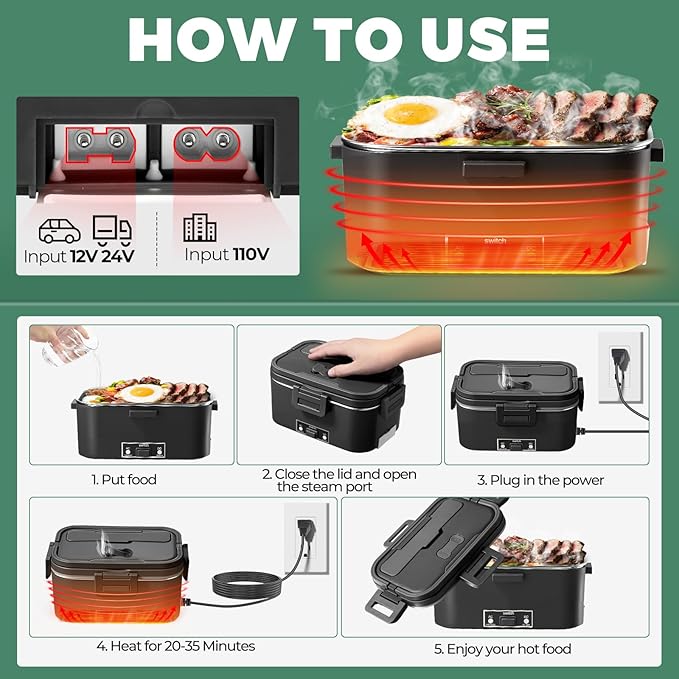 Vidaskeci Electric Lunch Box for Adults 1.8L-80W Heated Lunch Box Food Warmer, ON/OFF Power Switch 12/24V/110V,Car, Truck, Work, Travel(Black) 1.8L Portable Fast Heating