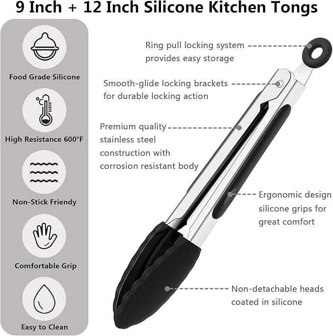 Kitchen Tongs for Cooking with Non-Stick Silicone Tips, 600째F Heat Resistant Silicone Cooking Food Tong Set Heavy Duty Stainless Steel Handle for Baking Grilling BBQ Salad Serving, 9" and 12"