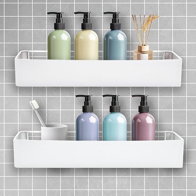 Premium Shower Caddy, 2 Pack White, Rustproof Stainless Steel Shower Organizer and Storage, No Drill Shower Shelves, 25 Pound Weight Capacity