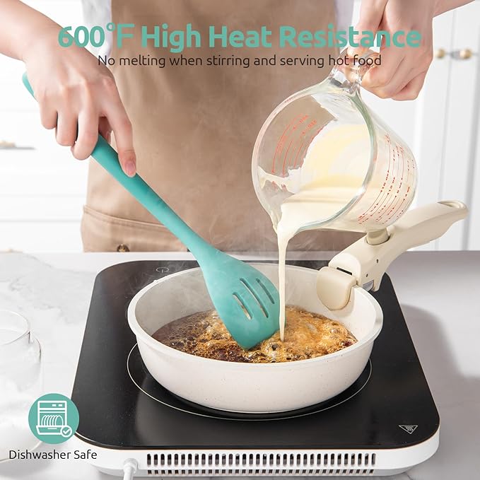 13.3" Slotted Cooking Spoon: U-Taste 600쨘F Heat Resistant Kitchen Mixing Spoon, Food Grade Nonstick Long and Large Rubber Soup Utensil for Serving, Stirring, Basting, for Pot Cookware (Aqua Sky)
