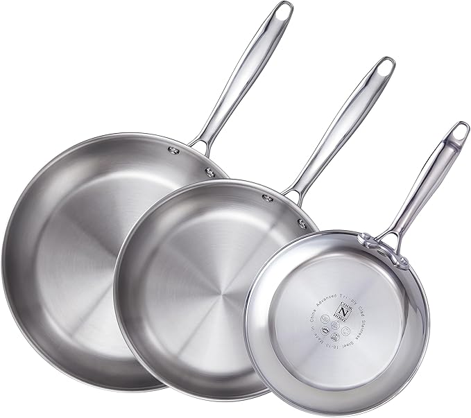 Cook N Home Stainless Steel Frying Pan Set, 8-inch, 10-inch, 12-inch Fry Pan, Tri-Ply Clad 18/10 Stainless Steel Skillet Saut챕 Cooking Pan, Induction Cookware, 3-Piece