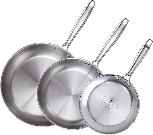Cook N Home Stainless Steel Frying Pan Set, 8-inch, 10-inch, 12-inch Fry Pan, Tri-Ply Clad 18/10 Stainless Steel Skillet Saut챕 Cooking Pan, Induction Cookware, 3-Piece