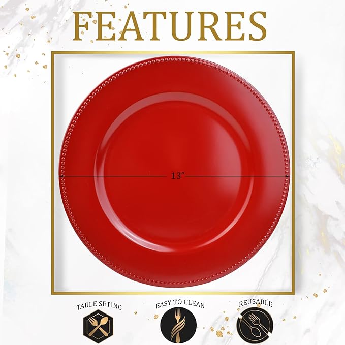 Set of 12 Red Charger Plates with Beaded. 13" Reusable Plastic Table Chargers for Dinner Plates