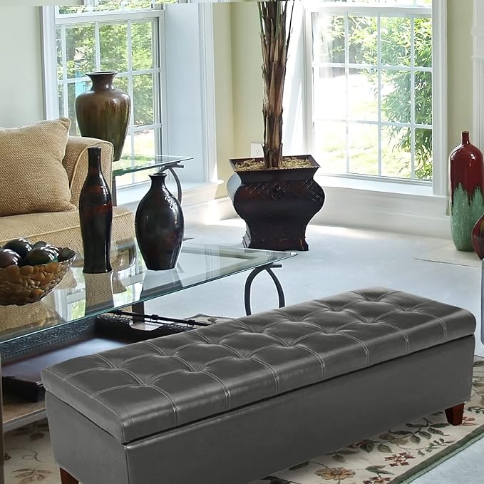 Joveco Storage Ottoman Bench, Tufted Leather 51 Inch Storage Bench for End of Bed Bedroom Living Room (51?? Dark Gray)