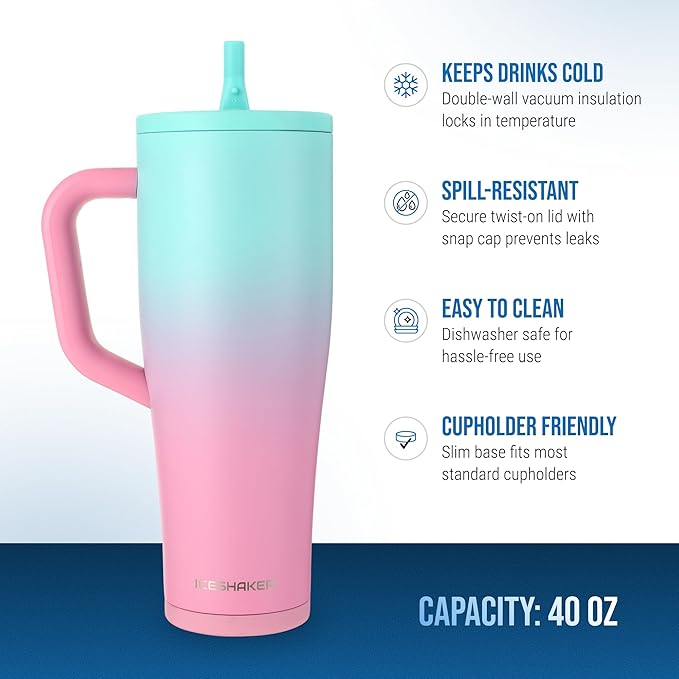 Ice Shaker 40 oz Tumbler with Handle and Straw | 40oz Pink Mint | Cold for 30+ Hours | 2-in-1 Tumbler Shaker Bottle | Odor-Free 40 ounce Bottle for Water, Protein Shakes, Smoothies, Cocktails