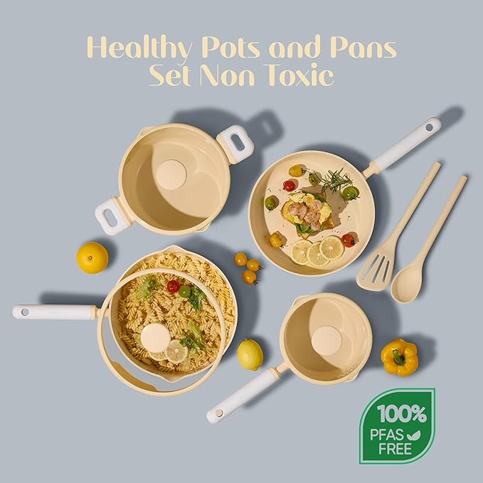 CAROTE Pots and Pans Set Nonstick, Ceramic Cookware Set, Yellow Cooking Set Kitchen Induction Set with Steamer, PFAS PTFE Free,9 Piece