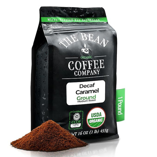 The Bean Organic Coffee Company Water Processed DECAF Caramel, Medium Roast, Ground Coffee, 16-Ounce Bag, Caf챕 Molido Tostado Org찼nico descafeinado