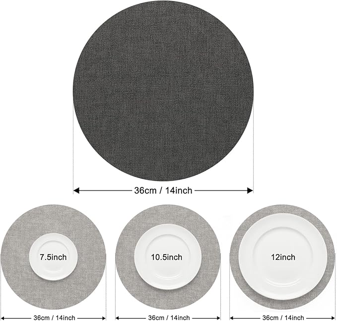 Myir JUN Reversible Vinyl Round Placemats Set of 8, Faux Leather Place Mats Dual Sided Waterproof Oilproof Wipeable, Heat-Resistant Table Mats for Kitchen Dining Indoor Outdoor (14", Light Gray Gray)