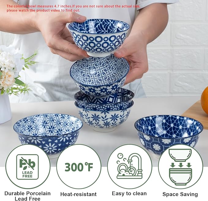 AntoKueh Blue and White Ceramic Bowls Set of 6, 4.7in Small Dessert bowl 10 oz for ice cream, Snack, Porcelain bowl for Dipping,Dishwasher/Microwave safe