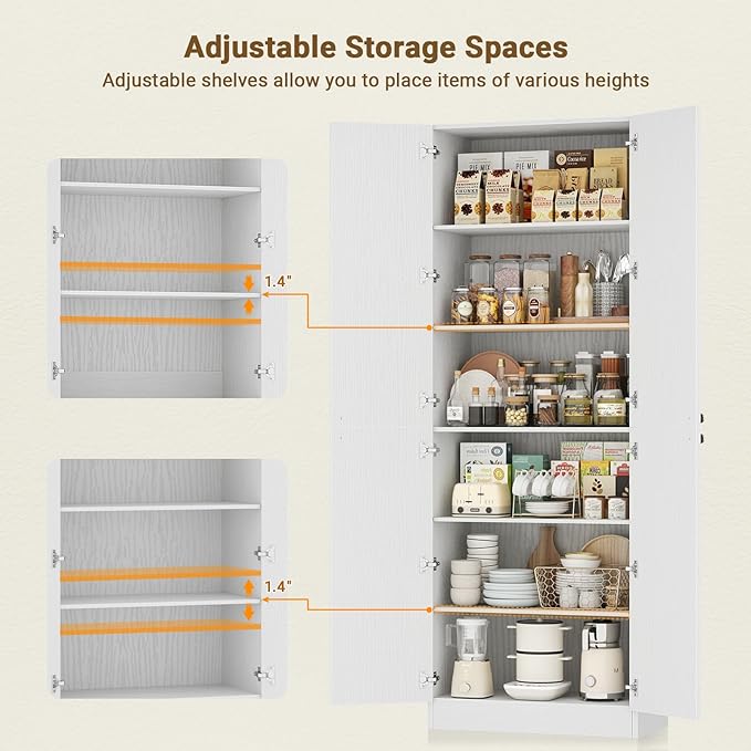 Cyclysio 80" Kitchen Pantry, Extra Tall Arch Storage Cabinet with 4 Doors and Adjustable Shelves, Freestanding Wood Cupboard with Seamless Fit Wall for Dining Living Room Bathroom Furniture (White)