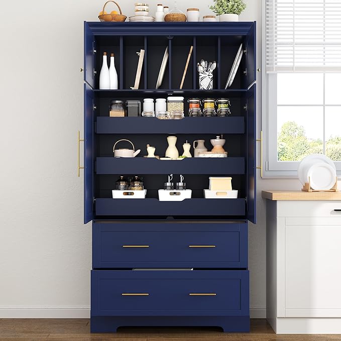 Merax 72.6" Farmhouse Kitchen Pantry Cabinet with Pull-Out Trays & Drawers, Freestanding Pantry with Cake Pan Storage, 4-Door Shaker Style Storage Cabinet, 40" L x 18" W, Blue