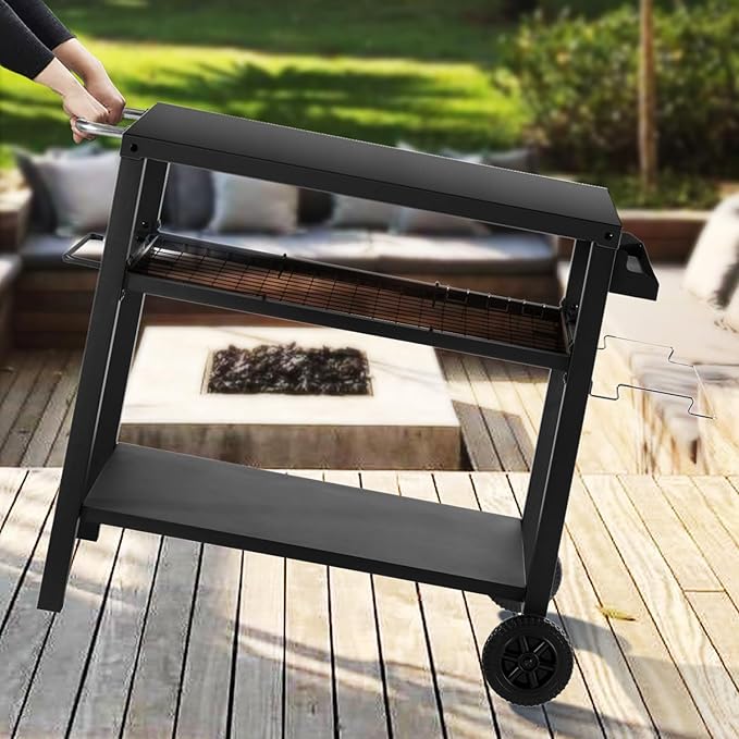 Kendane Grill Cart Table with Three Shelf, Movable Outdoor Dining Cart Pizza Oven Stand with Three Hooks, Kitchen Cart Island Multifunction Food Prep Table (Black)