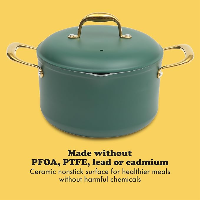 Frok 10 Piece Pots and Pans 4MM Thick Quick Heat Aluminum Cookware Set w/Premium PFA Free Ceramic Nonstick Interior Heat Resistant Exterior - Induction - Green & Gold