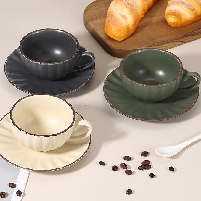 uxcell Handmade Vintage Espresso Cups, 8 oz Coffee Cups and Saucers Ceramic Tea Cup with Handle Dishwasher and Microwave Safe for Latte Cappuccino Milk Office Home Gifts, Beige