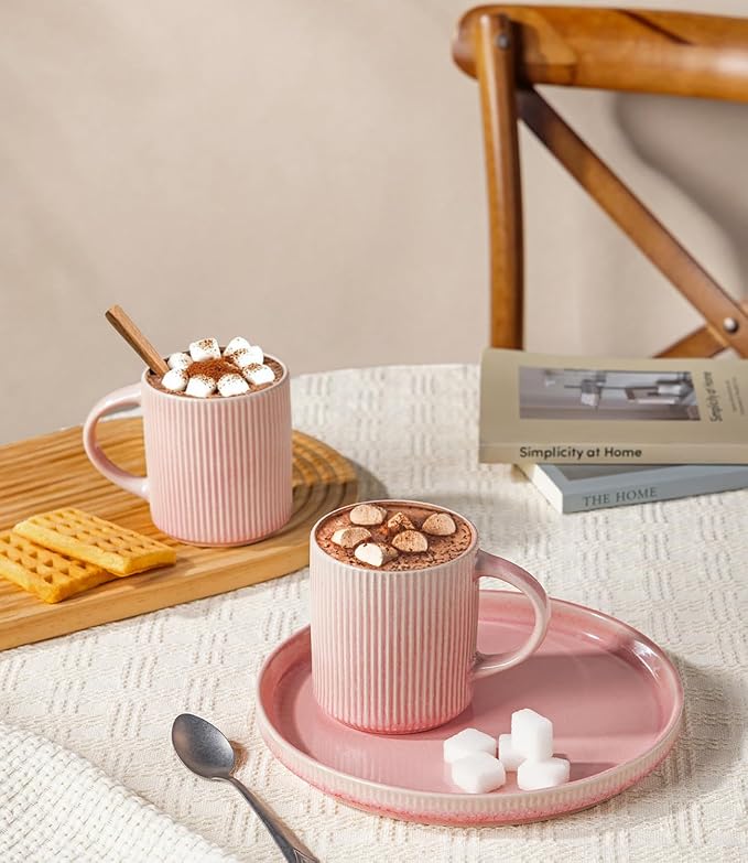 GBhome Coffee Mugs Set for 6, 11oz Coffee Cups with Handle for Man,Woman,Dad,Mom, Stoneware Mugs Sets for Coffee, Latte,Tea, Hot Cocoa, Milk, Dishwasher&Microwave Safe,Pink