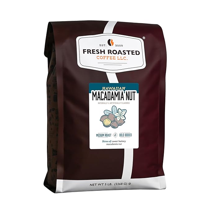 Fresh Roasted Coffee, Hawaiian Macadamia Nut Flavored Coffee, 5 lb, Medium Roast, Kosher, Ground