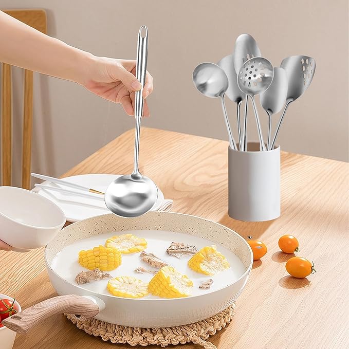 6Pcs Stainless Steel Kitchen Utensils Set ??Cooking Utensils Set Stainless Steel, Metal Cooking Utensils with Wok Spatula, Serving Spoons,Ladle Set??Durable Cooking Supplies for Home and Camping