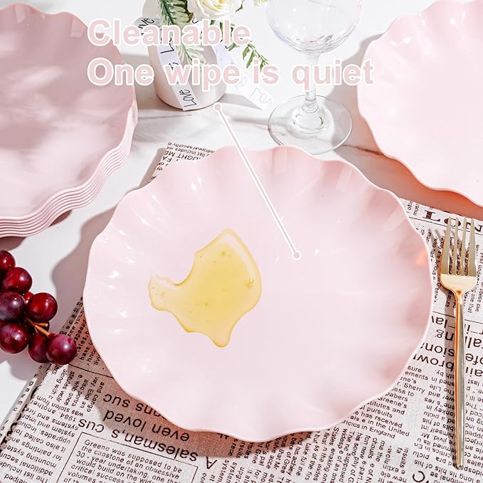 LIYH 20 Pcs 10 Inch Pink Scalloped Plastic Plates Reusable - Unbreakable Plastic Wavy Plates for Weddings Party Outdoor Picnics Dishwasher Safe BPA Free 10" Dinner Plate