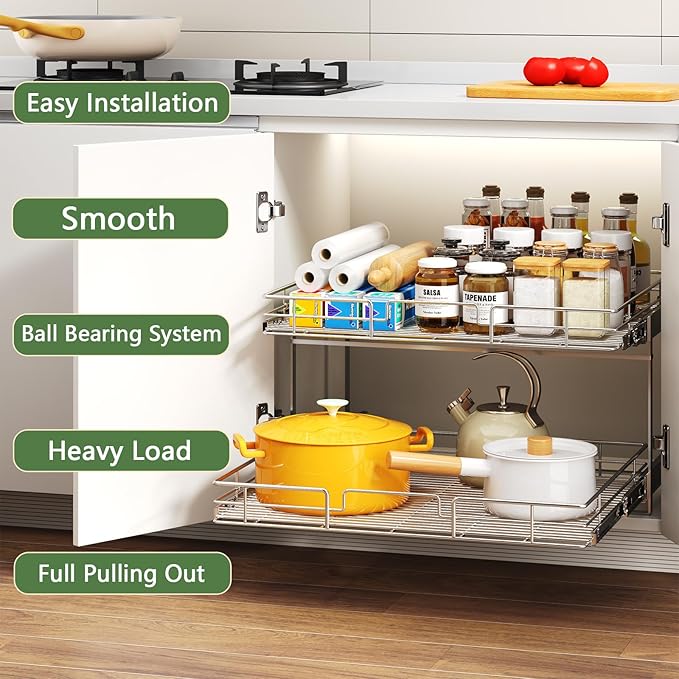 2 Tier Individual Pull Out Cabinet Organizer 31쩍" W x 21쩍" D, Heavy Duty Cabinet Pull Out Shelves, Slide Out Drawers Organization for Kitchen Cabinets Bathroom