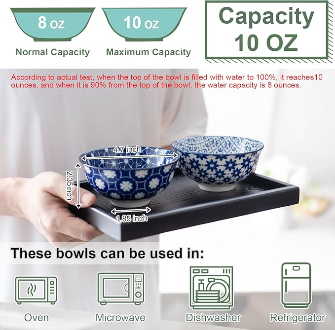 AntoKueh Blue and White Ceramic Bowls Set of 6, 4.7in Small Dessert bowl 10 oz for ice cream, Snack, Porcelain bowl for Dipping,Dishwasher/Microwave safe