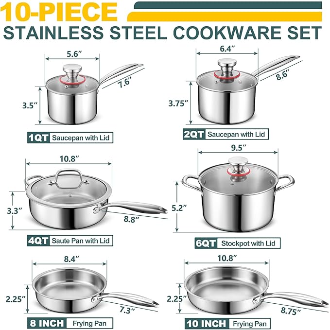 P&P CHEF 3-Ply Stainless Steel Cookware Set of 6, 10-Pieces Pots and Pans Sets Stainless Steel for Kitchen, Induction Multi Cooktops & Oven, Dishwasher Safe, Frying Pans, Saucepans, Saute Pan & Pot
