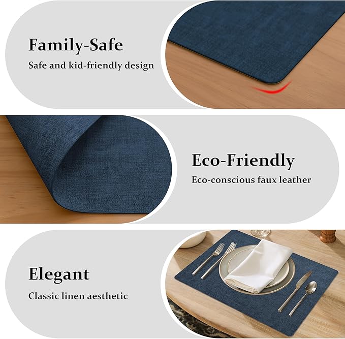 FROMHEART Faux Leather Placemats Set of 4?밯aterproof,Heat/Oil Stain-Resistant PU Table Mat?밨eversible,Non-Slip,Easy to Clean Place Mats for Kitchen,Dining,Indoor/Outdoor,(Dark Blue,11.8" x 17")