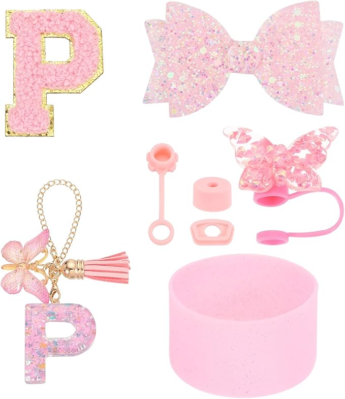 uxcell 8Pcs Cup Accessories Set for Cup Tumbler with Handle, Including Silicone Straw Cover, Boot, Spill Proof Stopper, Handle Charm, Initials Sticker(Letter P, Pink)