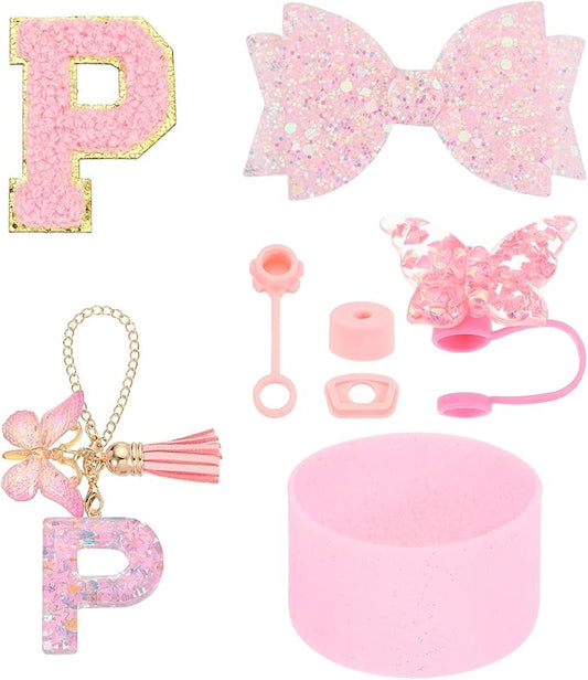 uxcell 8Pcs Cup Accessories Set for Cup Tumbler with Handle, Including Silicone Straw Cover, Boot, Spill Proof Stopper, Handle Charm, Initials Sticker(Letter P, Pink)