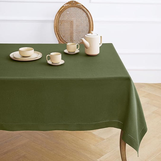 Solino Home Linen Tablecloth 52 x 52 Inch - 100% Pure Linen Olive Square Tablecloth - Classic Hemstitch, Machine Washable Table Throw