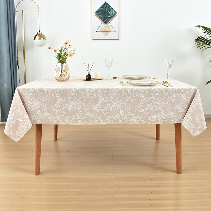 LOHASCASA Heavy Duty Vinyl Oilcloth Tablecloth PVC Waterproof Plastic Wipeable Spillproof Peva Tablecloth for Spring Outdoor Camping Picnic Rectangle 54x72 Inch Tan Flower