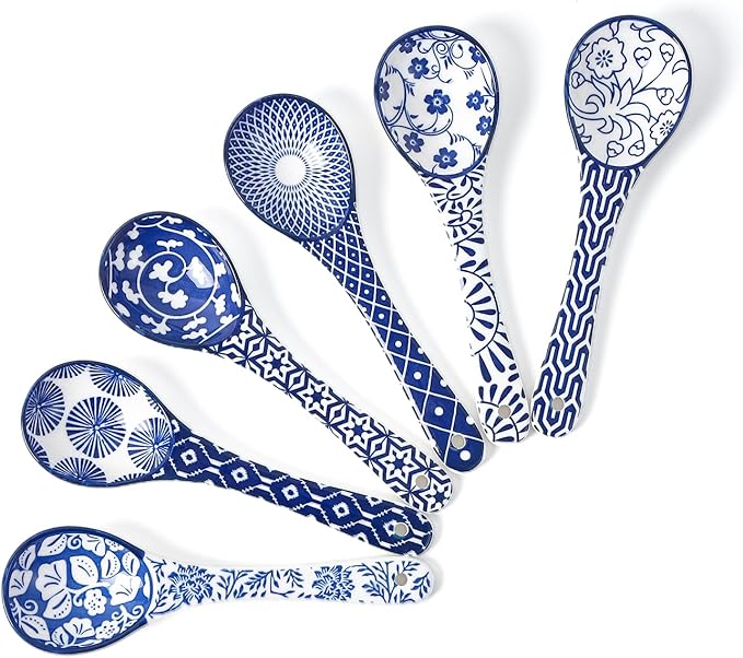 Selamica Ceramic Soup Spoons, 6.2 Inch Small Serving Spoons for Cereal, Yogurt, Dips, Ice Cream, Spoon Set of 6, Dishwasher & Microwave Safe, Vintage Blue