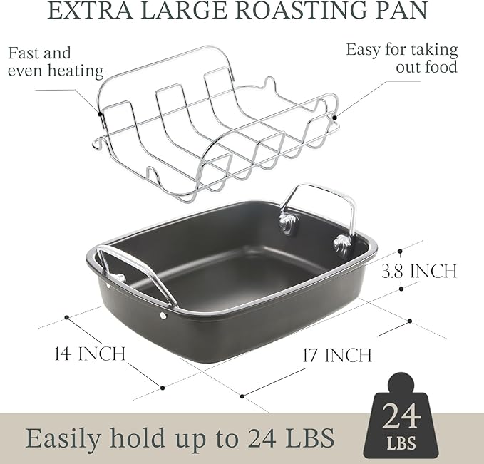 KITESSENSU Large Roasting Pan with Rack - 25 LB Nonstick Turkey Roaster Pan for Oven - Heavy Duty Carbon Steel Roasting Pan with Wider Handles for Chicken, Vegetables & Holiday Meals, Cream
