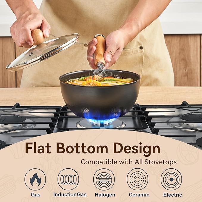 WANGYUANJI 7.1 Inch Hammered Iron Saucepan with Glass Lid, Removable Beechwood Handle, Small Milk Pot for Boiling, Simmering, Heating ??Non-Coated, Stovetop Compatible