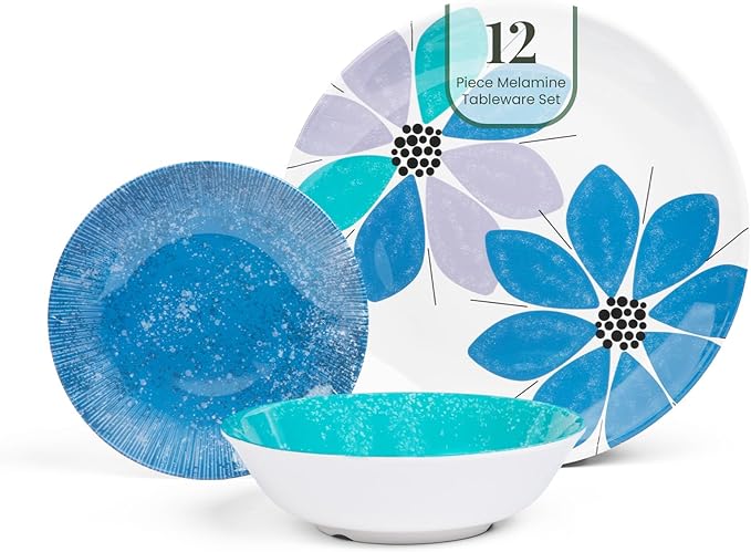 Larder & Vine 12-Piece Melamine Dinnerware Set: Durable, Lightweight, Break-Resistant Plates & Bowls ??Stylish, Non-Toxic, Dishwasher Safe ??Ideal for Everyday Use, Indoor & Outdoor Dining ??Floral
