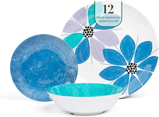 Larder & Vine 12-Piece Melamine Dinnerware Set: Durable, Lightweight, Break-Resistant Plates & Bowls ??Stylish, Non-Toxic, Dishwasher Safe ??Ideal for Everyday Use, Indoor & Outdoor Dining ??Floral
