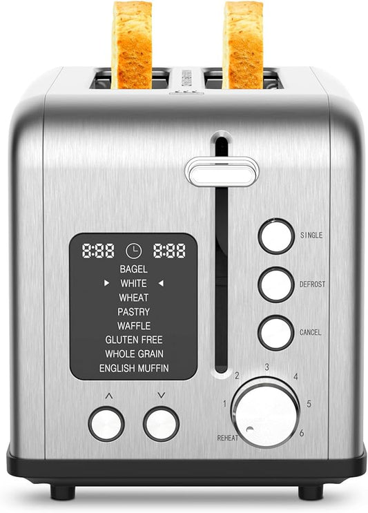2-Slice Bagel Toaster Stainless Steel with Screen- Single Slice Function for Single-Sided Stuffed Bagel, 8 Bread Types, 6 Browning Levels, LED Countdown Timer, Defrost/Reheat/Cancel, 825W