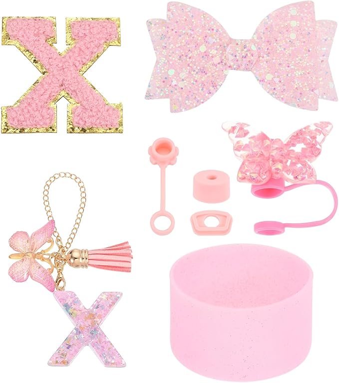 uxcell 8Pcs Cup Accessories Set for Cup Tumbler with Handle, Including Silicone Straw Cover, Boot, Spill Proof Stopper, Handle Charm, Initials Sticker(Letter X, Pink)