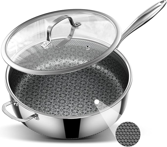5 Qt Saut챕 Pan with Lid, 10-inch 5 Ply Stainless Steel Sauce Pan with Lid, Non Stick Frying Pans, Cooking Pot Deep Frying Pan Non-Toxic, For Induction, Oven, Dishwasher Safe