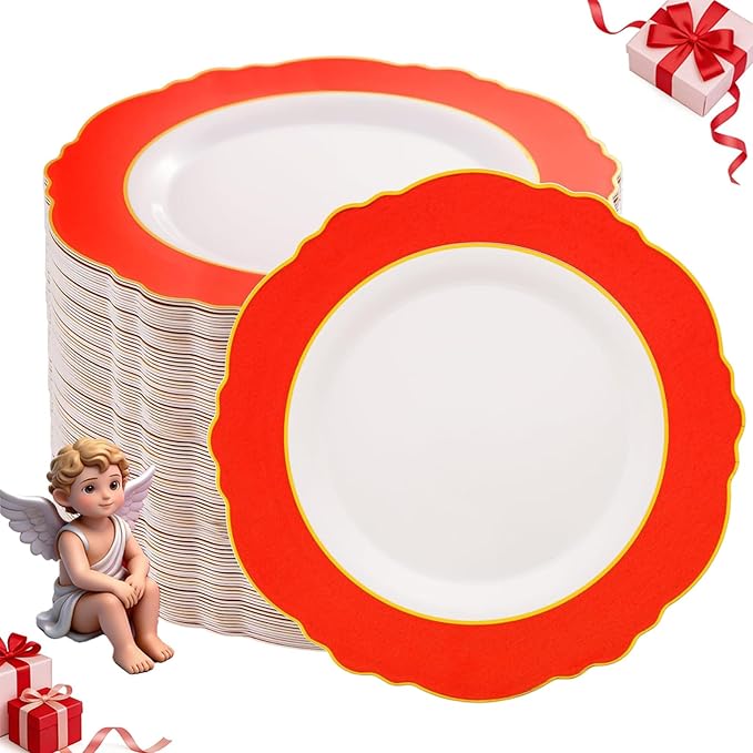WDF 60pcs Red Christmas Plastic Plates Disposable - 7.5inch Heavy Duty Red Dessert/Salad/Cake Plates for Valentine's Day