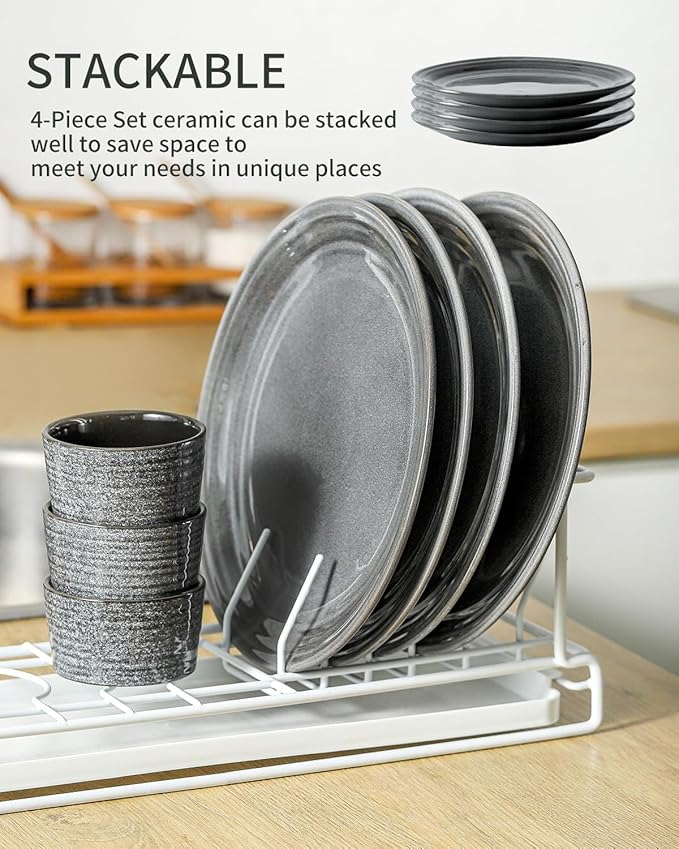 HASENSE Dinner Plates, 10 Inch Ceramic Serving Plates for Kitchen, Modern Round Dishes Set of 4, Scratch Resistant Salad Plates, Dishwasher and Microwave Safe, Grey