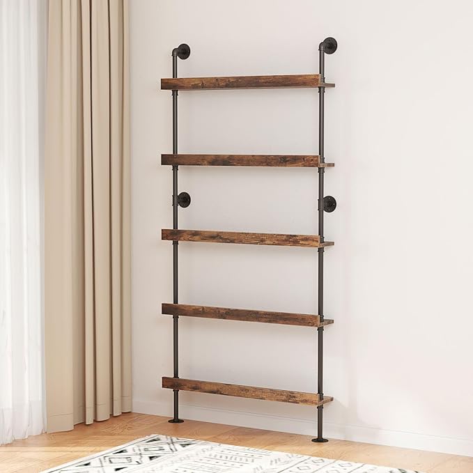 5-Tier Wall Mounted Wine Rack, Floating Bar Shelves with LED, Liquor Bottle Shelf Display, Holds 30+ Bottles, Space Saving (31.5" W x 79" H x 8.6" D)