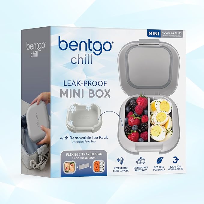 Bentgo Chill Mini Leak-Proof Lunch Box ??Built-In Ice Pack Keeps Food Cold, 2.7-Cup Capacity for Snacks or a Sandwich, 3 or 4 Compartments, PFAS & BPA-Free, Ideal for Adults & Kids 3+ (Crisp Grays)