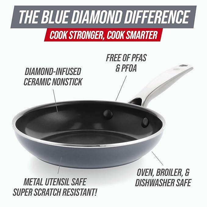 Blue Diamond Frying Pan 8??Skillet, Diamond Infused Healthy Ceramic Nonstick, PFAS and PFOA-Free, Dishwasher and Oven Safe, Even Heating, Metal Utensil Safe, Warp Control Base, Grey