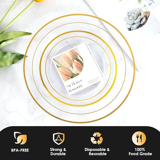 Lullaby 200PCS Clear Plastic Plate with Gold Rim, Includes 100pcs Dinner Plates 10??and 100pcs Dessert Plates 7?? Disposable Elegant Plate for Birthdays, Parties Weddings and Daily Use