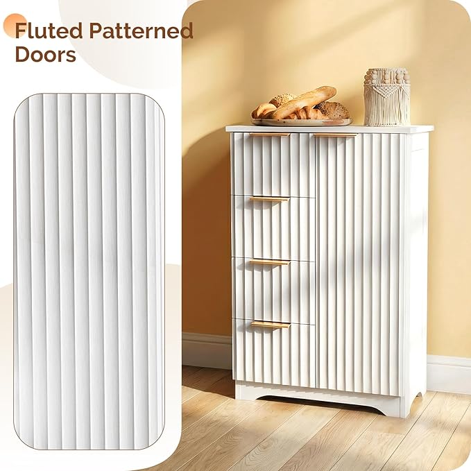 VINGLI Fluted Sideboard Buffet Cabinet, Modern White Wood Storage Console with Doors and Drawers, Multi-Function Storage Cabinet for Living Room, Dining Room, Kitchen, White
