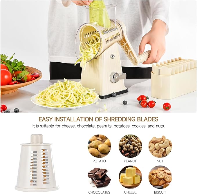 Xilrvna RotaryCheese Grater,VegetableShredder 5 in 1 Cheese Grater with HandleedderReinforcedSuction,EasytoClean,KitchenChopperforCrushedIce,Fruits and Nuts with Blade Storage Case竊늋hite